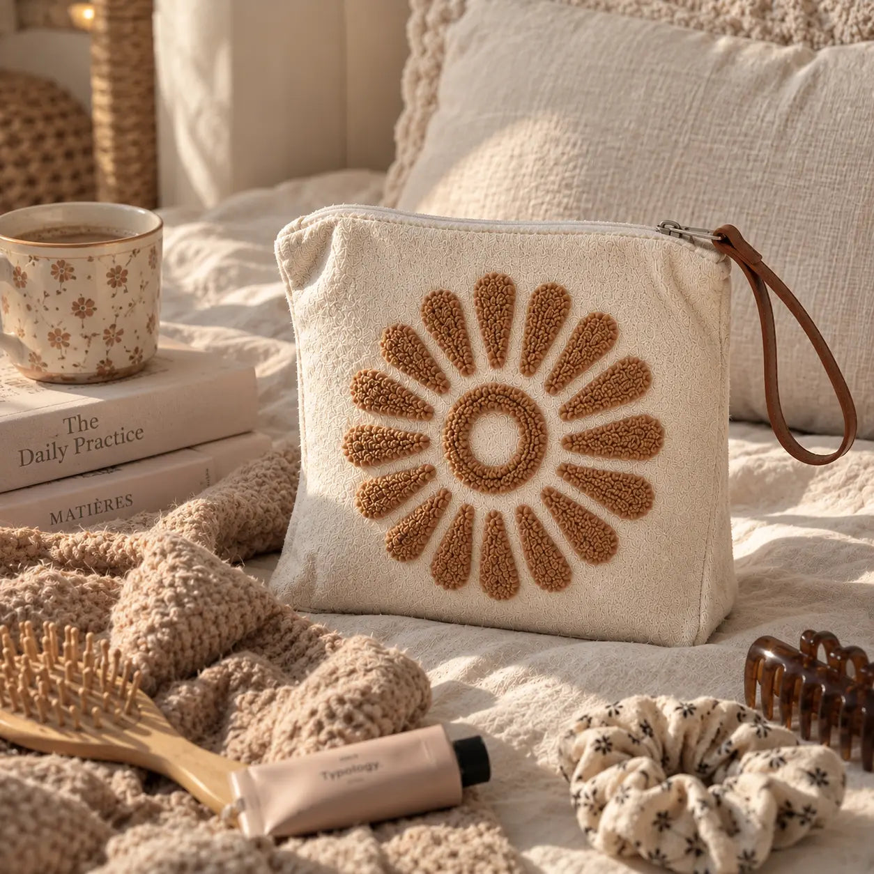 Pochette artisanale – Fleur Camel