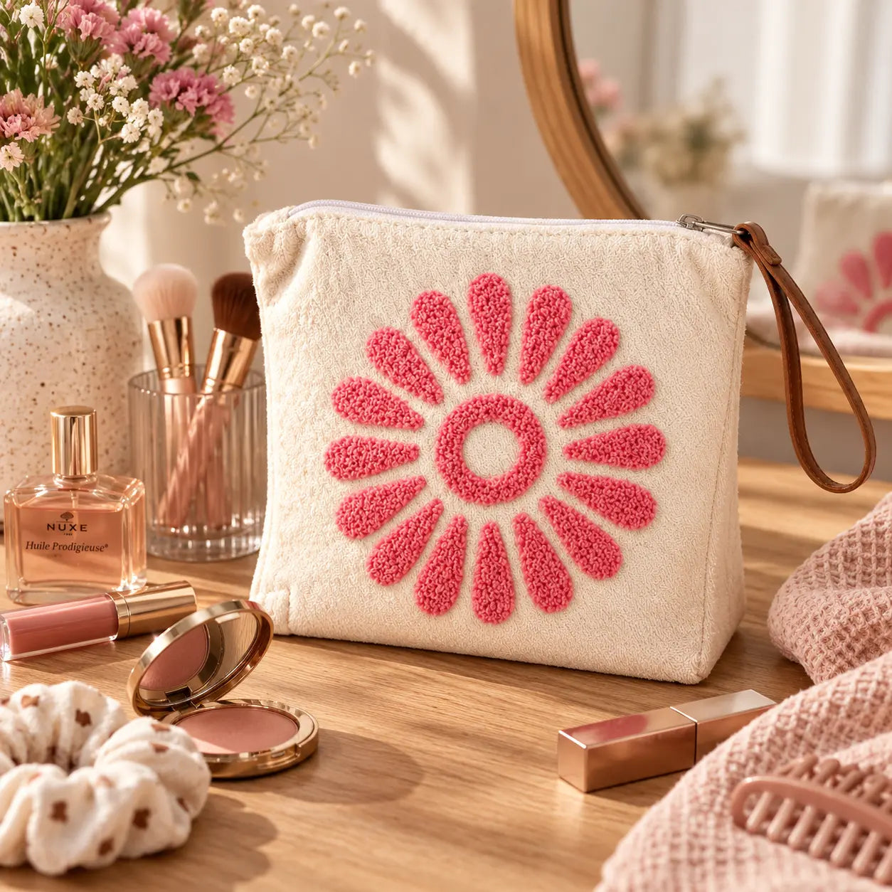 Pochette artisanale – Fleur Rose